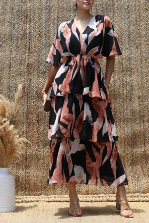DD8574, Leaf Loose Fit Tiered Midi Dress