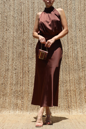 DD8566, Halter Neck Satin Midi Dress