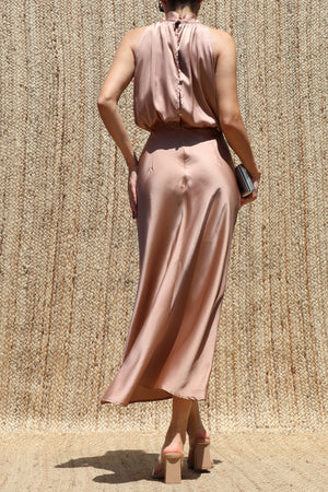 DD8566, Halter Neck Satin Midi Dress
