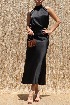 DD8566, Halter Neck Satin Midi Dress