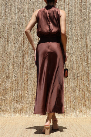 DD8566, Halter Neck Satin Midi Dress