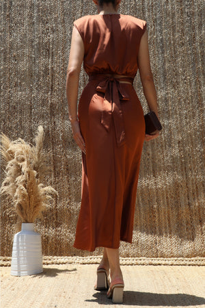 DD8518, Wide Shoulder Satin Midi Dress