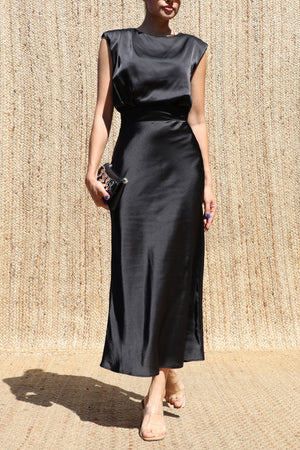 DD8518, Wide Shoulder Satin Midi Dress