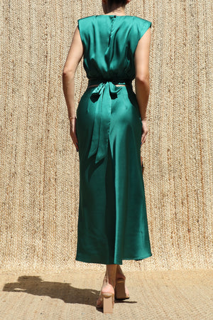 DD8518, Wide Shoulder Satin Midi Dress
