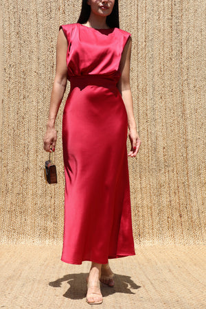 DD8518, Wide Shoulder Satin Midi Dress
