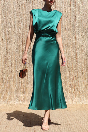 DD8518, Wide Shoulder Satin Midi Dress