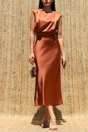 DD8518, Wide Shoulder Satin Midi Dress