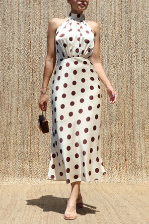 DD8485, Polka Dot Halter Neck Satin Midi Dress