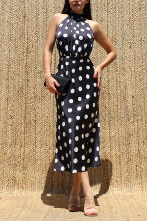 DD8485, Polka Dot Halter Neck Satin Midi Dress