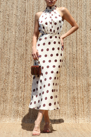DD8485, Polka Dot Halter Neck Satin Midi Dress
