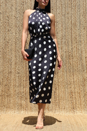 DD8485, Polka Dot Halter Neck Satin Midi Dress