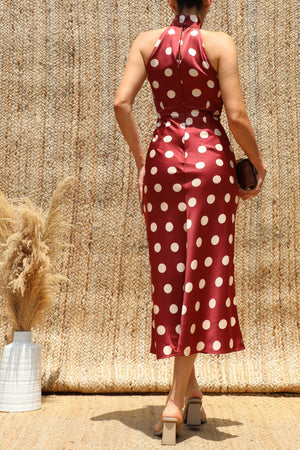 DD8485, Polka Dot Halter Neck Satin Midi Dress