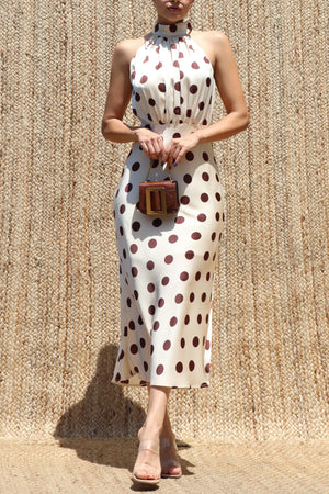 DD8485, Polka Dot Halter Neck Satin Midi Dress