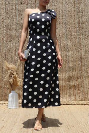 DD8517, Polka Dot One-Shoulder Satin Midi Dress