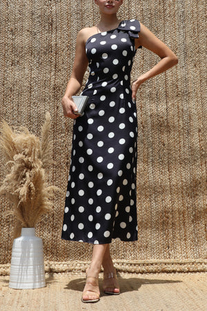DD8517, Polka Dot One-Shoulder Satin Midi Dress