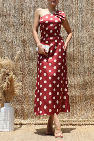 DD8517, Polka Dot One-Shoulder Satin Midi Dress