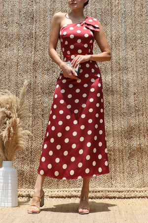 DD8517, Polka Dot One-Shoulder Satin Midi Dress