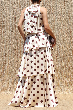 DD8523, Polka Dot Halter Neck Satin Top & Skirt Set