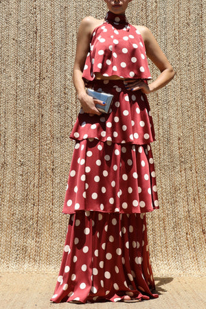 DD8523, Polka Dot Halter Neck Satin Top & Skirt Set
