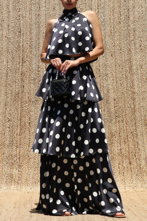 DD8523, Polka Dot Halter Neck Satin Top & Skirt Set