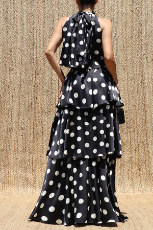 DD8523, Polka Dot Halter Neck Satin Top & Skirt Set