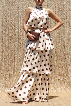 DD8523, Polka Dot Halter Neck Satin Top & Skirt Set