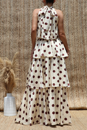 DD8523, Polka Dot Halter Neck Satin Top & Skirt Set