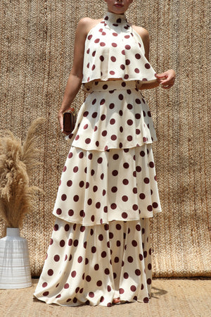 DD8523, Polka Dot Halter Neck Satin Top & Skirt Set