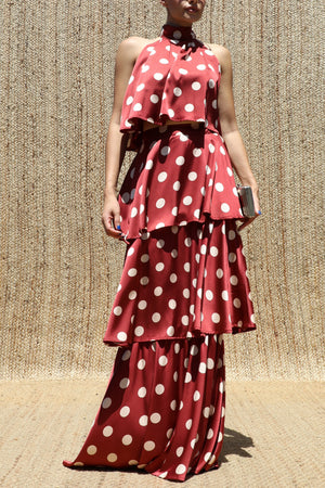 DD8523, Polka Dot Halter Neck Satin Top & Skirt Set