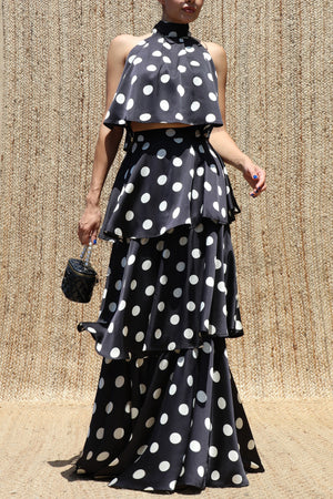 DD8523, Polka Dot Halter Neck Satin Top & Skirt Set
