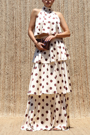 DD8523, Polka Dot Halter Neck Satin Top & Skirt Set