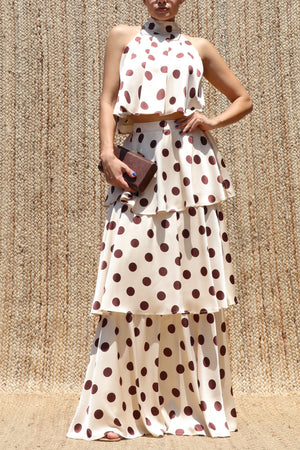 DD8523, Polka Dot Halter Neck Satin Top & Skirt Set