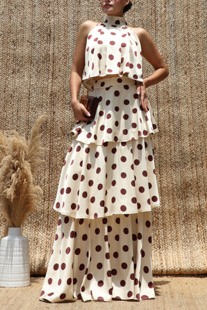 DD8523, Polka Dot Halter Neck Satin Top & Skirt Set