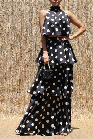DD8523, Polka Dot Halter Neck Satin Top & Skirt Set