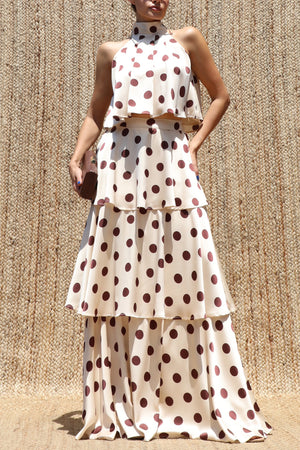 DD8523, Polka Dot Halter Neck Satin Top & Skirt Set