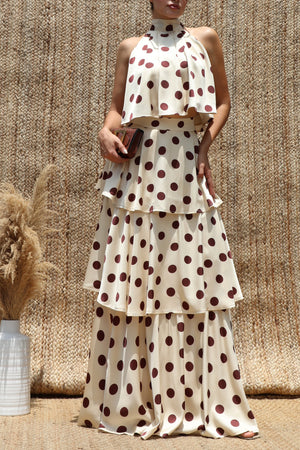 DD8523, Polka Dot Halter Neck Satin Top & Skirt Set