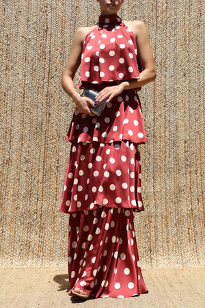 DD8523, Polka Dot Halter Neck Satin Top & Skirt Set