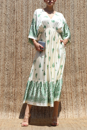 DD8543, Printed Kimono-style Satin Midi Dress