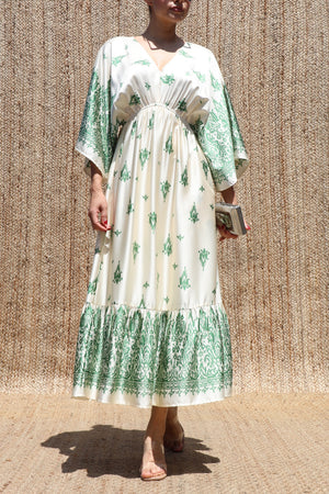 DD8543, Printed Kimono-style Satin Midi Dress