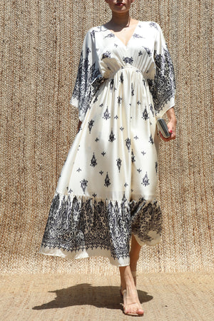 DD8543, Printed Kimono-style Satin Midi Dress