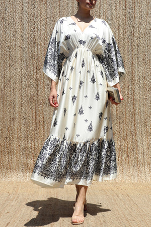 DD8543, Printed Kimono-style Satin Midi Dress