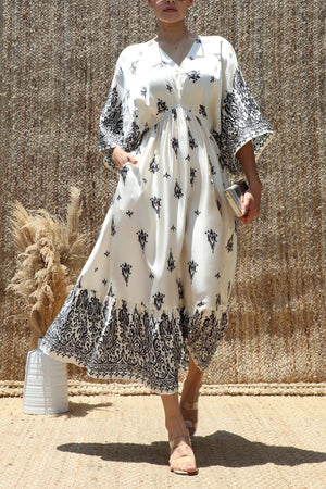DD8543, Printed kimono-Style Satin Midi Dress