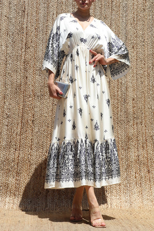 DD8543, Printed Kimono-style Satin Midi Dress
