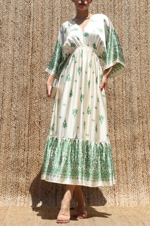 DD8543, Printed Kimono-style Satin Midi Dress