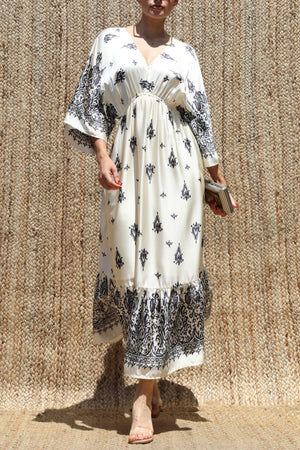 DD8543, Printed Kimono-style Satin Midi Dress
