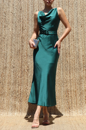 DD8542, Cowl Neck Satin Midi Dress