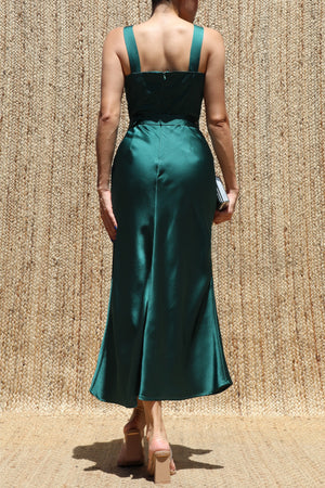 DD8542, Cowl Neck Satin Midi Dress