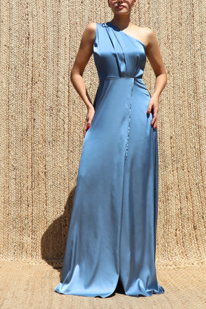 DD8579, One Shoulder Satin Maxi Dress