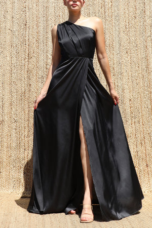 DD8579, One Shoulder Satin Maxi Dress