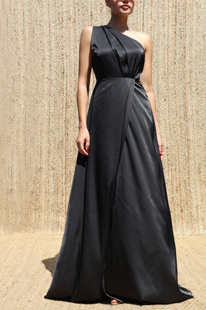 DD8579, One Shoulder Satin Maxi Dress